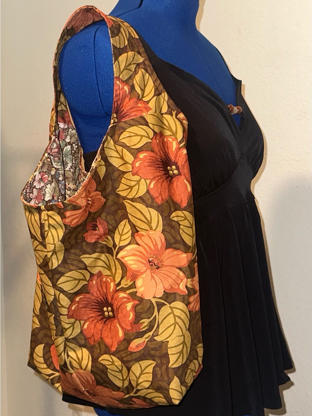 Floral Shoulder Tote in Rust Orange & Olive